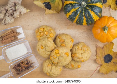 Spice Pumpkin Homemade Cookies Against Wood Background With Ingredients