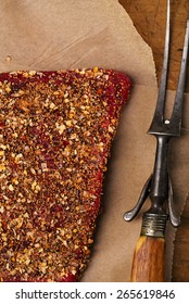 Spice Rubbed Raw  Beef, Making Jerky Meat On Wooden Backdrop With Vintage Curving Fork