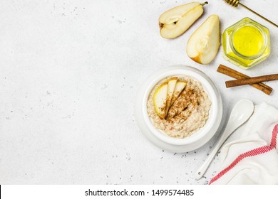 Spiced Cinnamon Apple Pie Porridge. Top View, Space For Text.