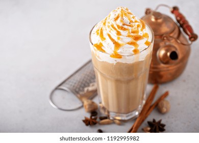 Spiced Iced Chai Latte With Whipped Cream, Seasonal Fall Drink