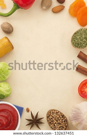 Similar – Image, Stock Photo Food background with fresh whole and half peaches on kitchen towel with leaves, flowers and copy space for your design or product , top view. Flat lay. Horizontal. Border