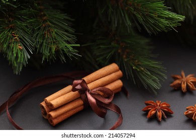 Spices For Christmas Cake. Cinnamon Sticks, Star Anise And Christmas Tree. Closeup.