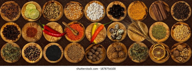 Spices and food ingredients in wooden small plates, Top view  - Shutterstock ID 1878756100