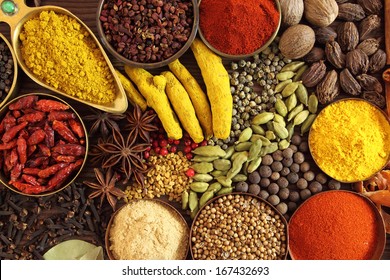 Spices and herbs in metal  bowls. Food and cuisine ingredients.