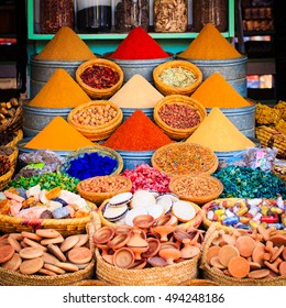 Spices And Herbs On A Moroccan Market,Marrakesh, Morocco.

