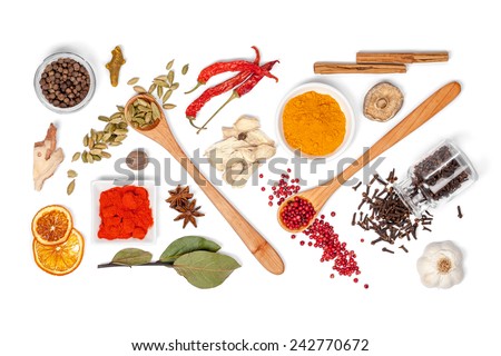 spices and herbs on white background. top view