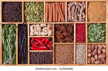 spices and herbs in wooden box