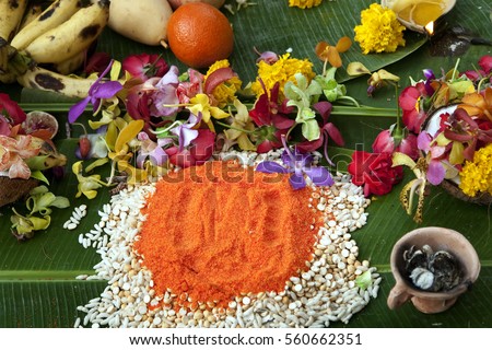 Spices ingredients curry cumin saffron powder devotees preparing for ceremony prayers blessings during Thaipusam festival in South East Asia city Singapore Malaysia Indonesia