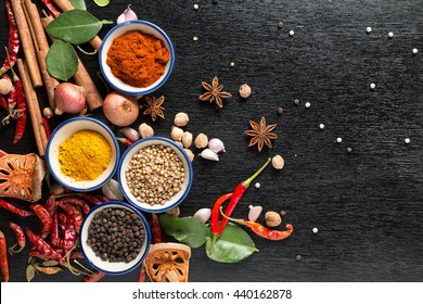 spices with ingredients on dark background. healthy or cooking concept,  asian food - Shutterstock ID 440162878