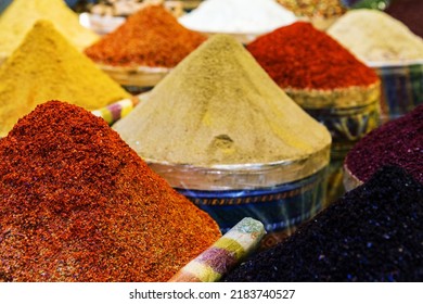 Spices Market with colourful mood. Multicolor spices sold at Egypt Bazaar (Misir Carsisi) in Istanbul, Turkey (Turkiye). Selected focus, copy space, colorful background