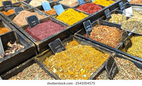 Spices market, large choice of colorful pepper spices, Aromatic culinary ingredient - Powered by Shutterstock