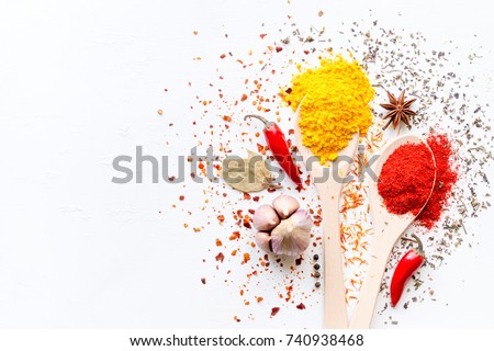 Spices in spoons and scattered on a white background with space for text