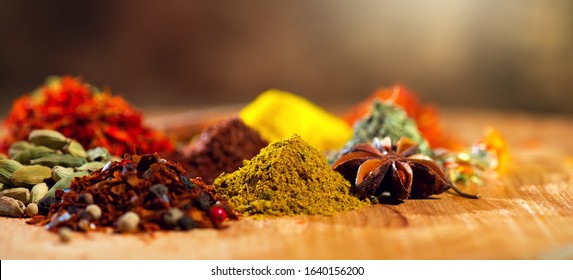 Spices. Various Indian Spices colorful background. Spice and herbs backdrop. Assortment of Seasonings, condiments. Cooking ingredients, flavor