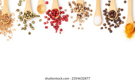 Spices in wood spoon creative layout. Black, green, red and white peppercorn, mustard seed, curcuma and salt isolated on white background. Flat lay. Healthy eating concept
 - Powered by Shutterstock