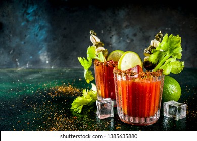 Spicy Bloody Mary Cocktail With Garnish . Homemade Texmex Styled Alcohol Drink, 