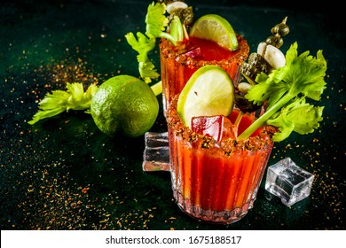 Spicy Bloody Mary Cocktail With Garnish . Homemade Texmex Styled Alcohol Drink, 