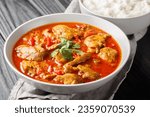 Spicy Burmese chicken curry in a sauce consisting of onion, ginger, lemongrass, pepper, garlic and tomato close-up in a bowl on the table. Horizontal
