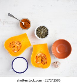 Spicy Butternut Squash Ingredients On The White Wooden Table , Top View, Square