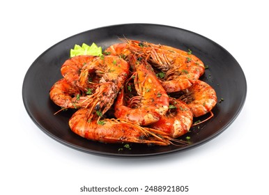 Spicy Cajun Tiger Prawns ingredients with Cajun Spices, butter and garlic traditional fusion dish Style sideview
