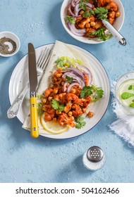 Spicy Cauliflower In Tomato Sauce With Chickpeas On Flatbread. Tasty Vegetarian Food.