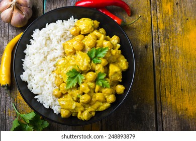 Spicy Chicken And Chickpeas Curry And Rice, Top View