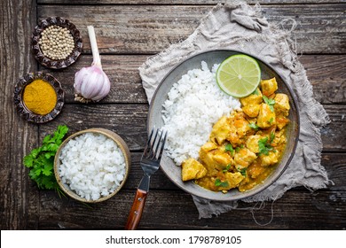 Spicy Chicken Cooked With Curry Sauce And Rice, Top View