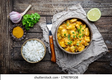 Spicy Chicken Cooked With Curry Sauce And Rice, Top View