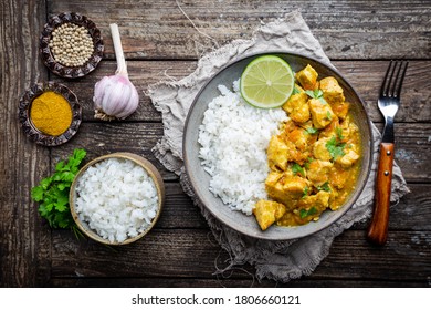 Spicy Chicken Cooked With Curry Sauce And Rice, Top View