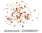 Spicy chili red pepper flakes, chopped, milled dry paprika pile isolated on white, top view