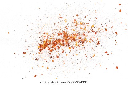 Spicy chili red pepper flakes, chopped, milled dry paprika pile isolated on white, top view
