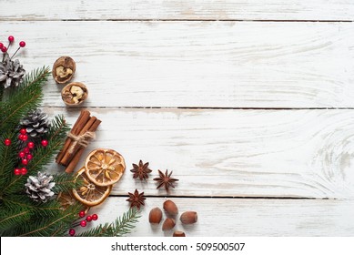 Spicy Christmas Background. Ingredients For Cooking Baking. Flat Lay With Copy Space.