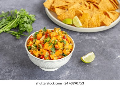 Spicy and Colorful Fresh Mango Salsa with Tortilla Chips - Powered by Shutterstock