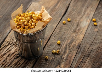 Spicy Crispy Roasted Chickpeas. Traditional Indian Cuisine. Tasty Vegetarian And Vegan Chickpea Snack. Banner, Menu, Recipe Place For Text, Top View.