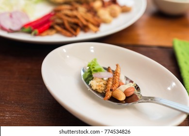 Spicy deep-fried worm insect and catfish salad on a spoon, Appetisers. Insect food is the healthy meal high protein diet concept and popular snack food in Thailand