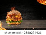 Spicy Double Crunch Chicken Burger with Melting Cheese and Fresh Greens on a Rustic Background, Surrounded by Flames