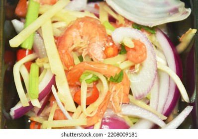 Spicy Dried Shrimp With Slice Mango Fruit Salad On Bowl