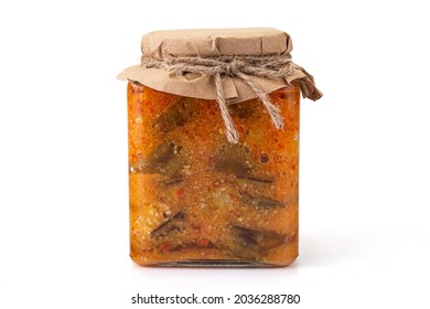 Spicy spicy eggplant saute with paprika, chili and garlic. Grilled eggplants. Vegan food. Isolated on white background