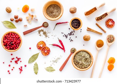 Spicy Food Cooking With Spices And Dry Herbs White Kitchen Desk Background Top View Pattern