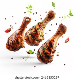 Spicy grilled chicken legs or drumsticks flying with herbs and spices. Floating BBQ chicken drumsticks with vegetables isolated on white background. Chicken drumsticks flying in air isolated on white  - Powered by Shutterstock