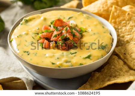 Spicy Homemade Cheesey Queso Dip with Tortilla Chips Foto stock © 
