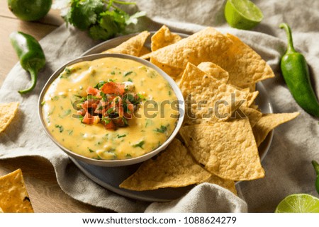 Spicy Homemade Cheesey Queso Dip with Tortilla Chips Foto stock © 