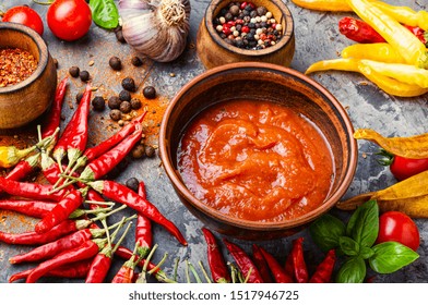 Spicy Hot Chili Sauce With Of Chilli Pepper