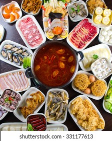 Spicy hot pot soup with wide variety of ingredients