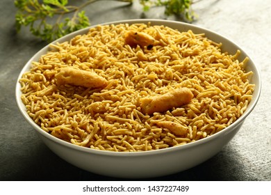Spicy Indian street food snack- bhujia sev ,namkeen , extruded fried dish, - Shutterstock ID 1437227489