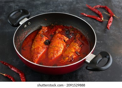 Spicy Mackerel Fish Curry Gravy , Cooking Spicy Kerala Fish Curry Rice Goan Red Curry. Indian Bengali Masala Seafood  Kolkata, India Sri Lanka. Lankan Food