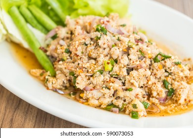 Spicy Minced Chicken Salad In White Plate