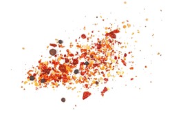 Spicy Mixture Of Spices With Chopped Lemon Peel, Chili, Peppercorns (black, Green And Red), Mustard Seeds, Allspice, Chopped Ginger, Isolated On White, Top View