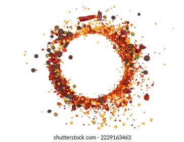 Spicy mixture of spices with chopped lemon peel, chili, peppercorns (black, green and red), mustard seeds, allspice, chopped ginger, isolated on white, top view - Powered by Shutterstock