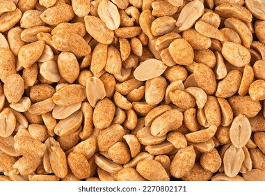 Spicy peanuts pile as background, top view. Chili spicy peanuts.