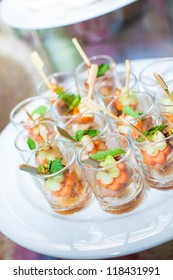 Spicy Pork In Small Shot Glass With Sticks As Appetizer For The Wedding Party Or Business Meeting